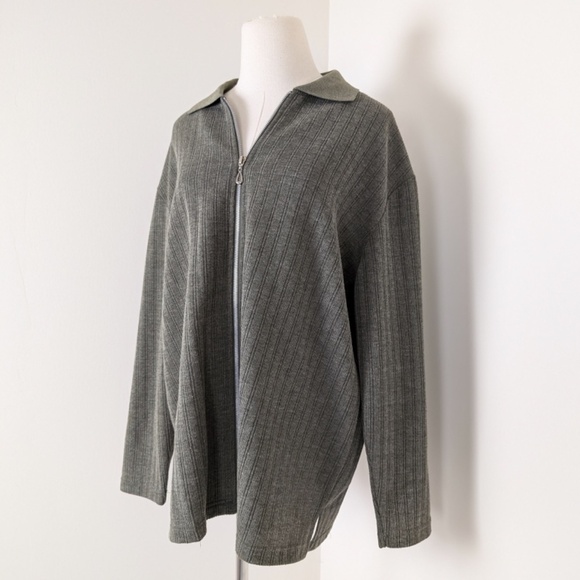 90's Cardigan Jacket Forest Green Long Sleeve Zip-up Zipper Collar Ribbed - Picture 3 of 7